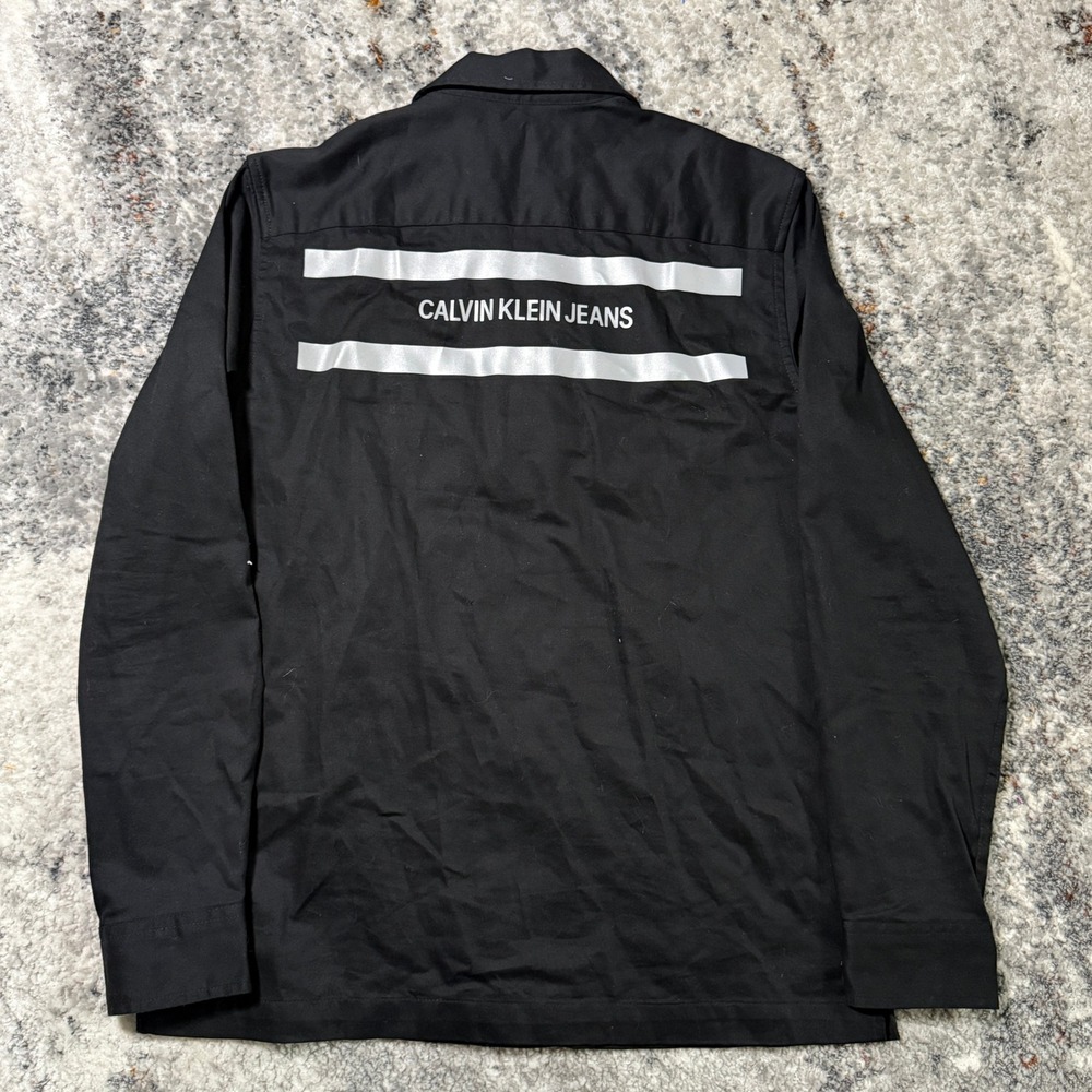 Calvin Klein Jeans Mens Small Black Reflective‎ Stripe Work Shirt Button Down S